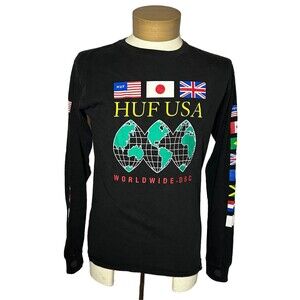 Huf Worldwide Flags Shirt Adult Medium Black Long Sleeve Skate USA Y2K Rap Mens